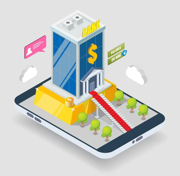 Isometrisk bankbyggnad, guldtacka på smartphone skärm, vektor illustration. Mobila banktjänster. Guldfyndighet, investeringar. — Stock vektor