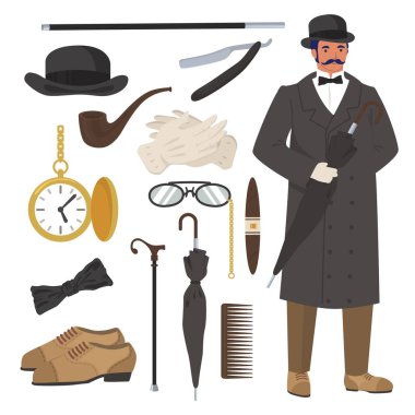 Viktorya dönemi beyefendi seti, düz vektör izole çizimi. İngiliz beyefendi kıyafetleri ve aksesuarları.