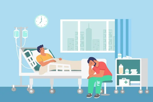 Quarto de hospital, paciente doente deitado na cama e recebendo terapia IV, ilustração vetorial plana. Assistência à saúde do doente. —  Vetores de Stock