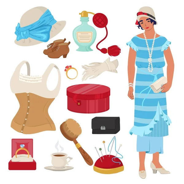 Set da donna vittoriana, illustrazione isolata vettoriale piatta. Inglese signora abbigliamento e accessori. — Vettoriale Stock