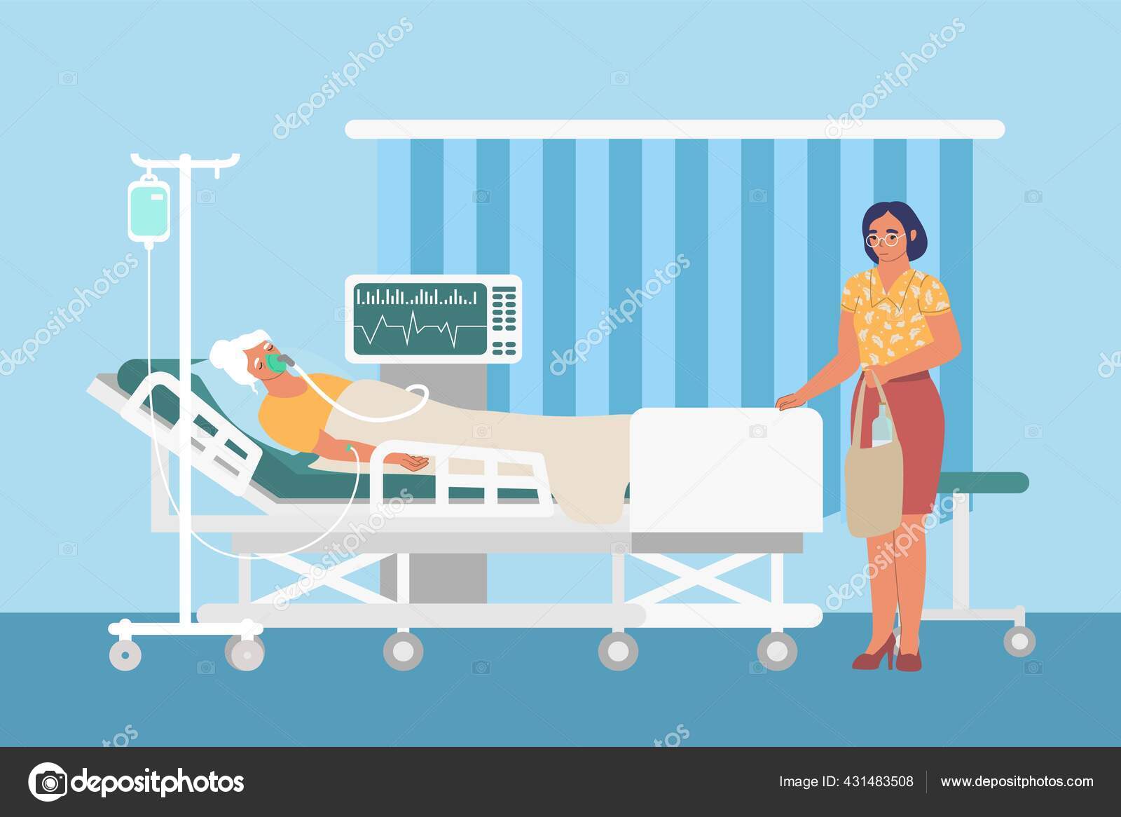 Resuscitation medical ward with drip, ventilator, sad woman and patient in hospital  bed, flat vector illustration. Stock Vector Image by ©SiberianArt #431483508