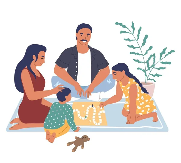 Familia feliz juego de mesa sentado en la alfombra, ilustración vector plano. Actividades de ocio en el hogar y entretenimiento. — Vector de stock