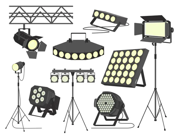 Conjunto de holofotes de palco, ilustração isolada do vetor plano. —  Vetores de Stock