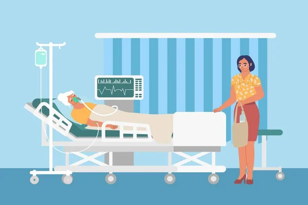 Resuscitation medical ward with drip, ventilator, sad woman and patient in hospital bed, flat vector illustration. — Stock Vector