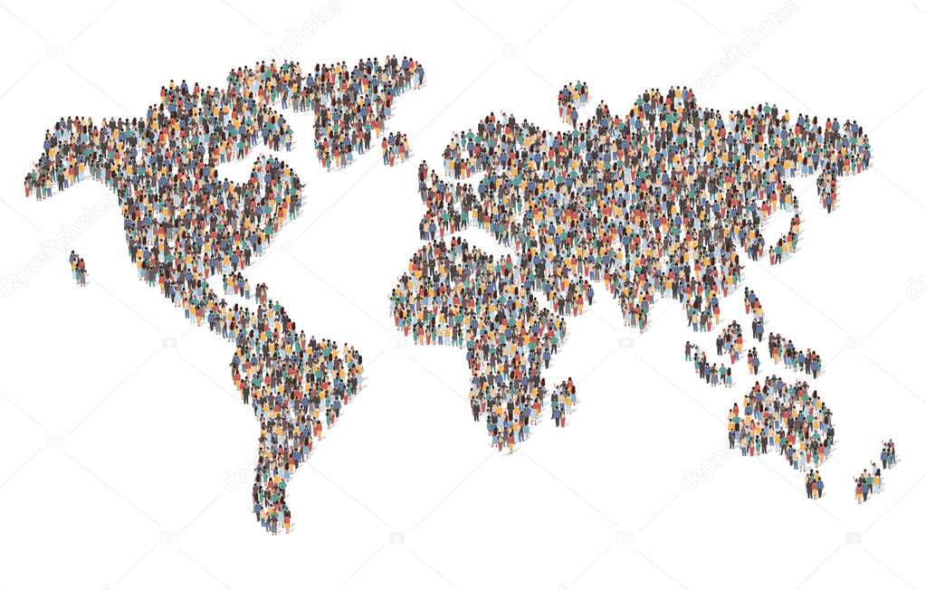 Large group of people forming world map standing together, flat vector illustration. Population, earth community.