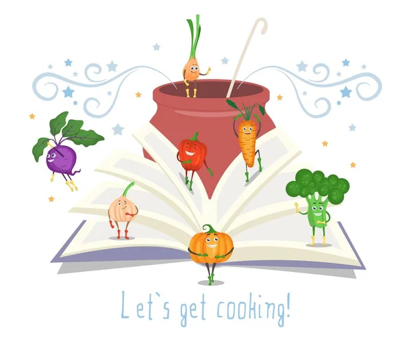 Ricettario aperto, pentola con mestolo, verdure carine, illustrazione vettoriale piatta. Libro di cucina. — Vettoriale Stock