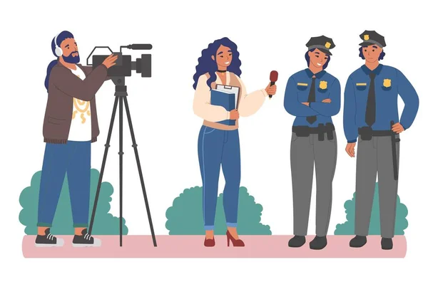 Intervju med poliser. Kvinnlig journalist intervjua polis och polis kvinna, platt vektor illustration. — Stock vektor
