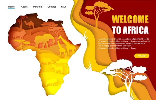 Selamat datang di Afrika vektor situs web landing page template. Kertas memotong peta Afrika dengan siluet hewan liar afrika. - Stok Vektor