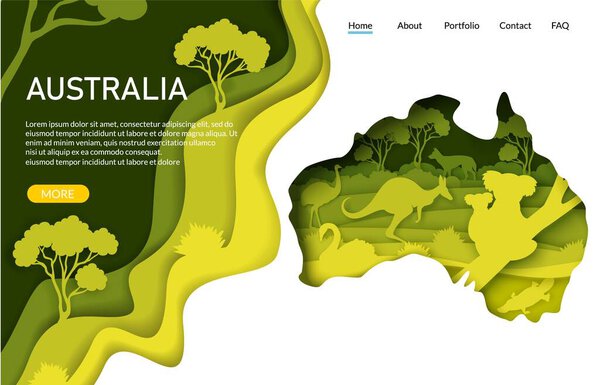 Australia vector website landing page template. Paper cut craft kangaroo silhouette with Australian nature, koala bears.