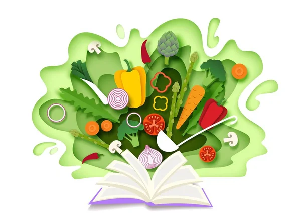 Άνοιγμα βιβλίο συνταγή με φρέσκα λαχανικά. Εικονογράφηση διάνυσμα σε χαρτί τέχνης στυλ. Βιβλίο μαγειρικής. — Διανυσματικό Αρχείο