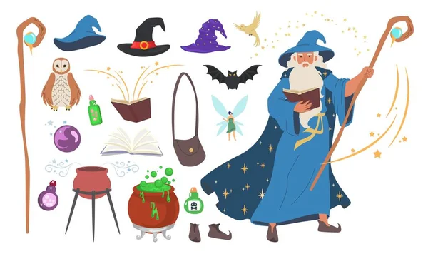 Wizard, magician, warlock, witch tools set, flat vector isolated illustration. — Stock Vector