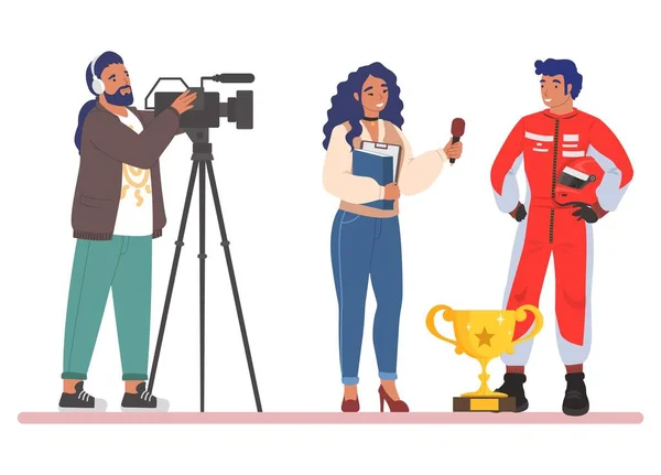 Intervju med sportbil race mästare. Kvinnlig journalist, kameraman intervjuar racerförare, platt vektor illustration. — Stock vektor