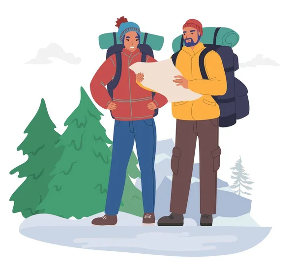 Happy tourist couple with backpacks wearing winter clothing looking at map, flat vector illustration. Winter tourism. — Stock Vector