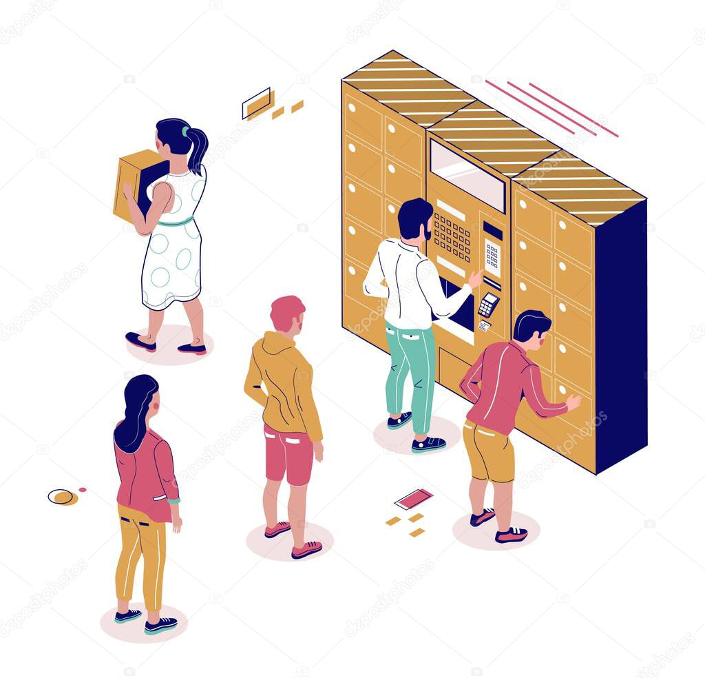 Isometric postal terminal, people standing in line to automated locker, flat vector illustration.