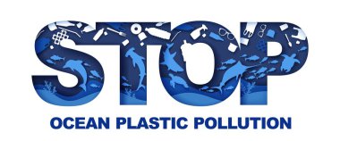 Okyanus plastik kirliliğini önleme tipografi afiş şablonu, kağıt sanatları tarzında vektör illüstrasyonunu durdur.