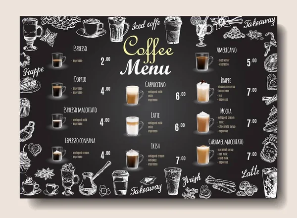 Kaffedrikkens meny-prisliste på tavle for kafe, smittebærermal for kaffebar. Håndlagde kopper, krus. Håndskrift – stockvektor