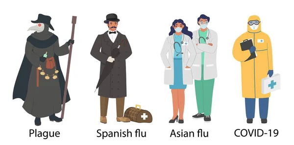 Světová pandemická doktorova kreslená postava, plochá vektorová ilustrace. Mor, španělská a asijská chřipka, Covid-19 pandemie. — Stockový vektor