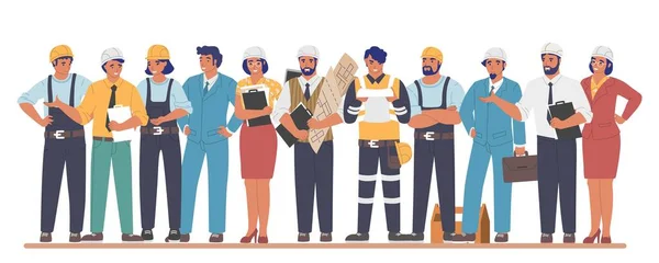 Trabajadores de la construcción e ingenieros personajes de dibujos animados, ilustración vectorial plana. Industria de construcción. — Vector de stock