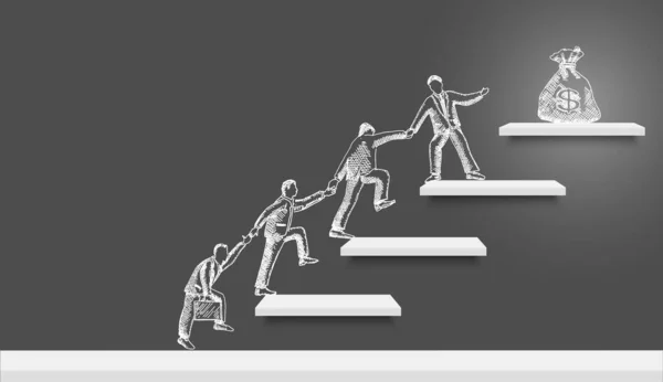 Οι επιχειρηματίες ομάδα σιλουέτες αναρρίχηση μέχρι σκάλες σε τσάντα χρήματα στην κορυφή, διανυσματική απεικόνιση. Οικονομική επιτυχία. — Διανυσματικό Αρχείο