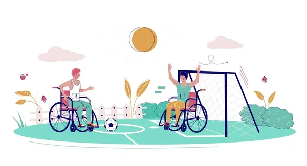 Personnages masculins en fauteuil roulant jouant au football, illustration vectorielle plate. Personnes handicapées mode de vie actif. — Image vectorielle