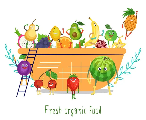 Lindos personajes divertidos de frutas en ensaladera, ilustración vectorial plana. Alimentos orgánicos frescos. — Vector de stock