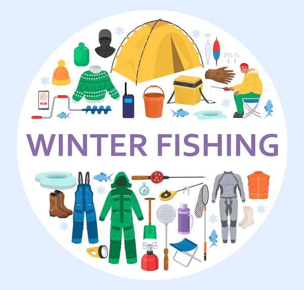 冬季渔具循环组成,平面矢量图解.一套冰渔具. — 图库矢量图片