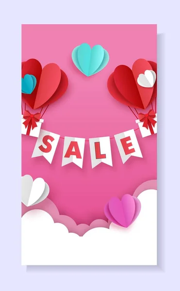 Valentines Day sale social media story, post template, vector illustration in paper art style. — Stock Vector
