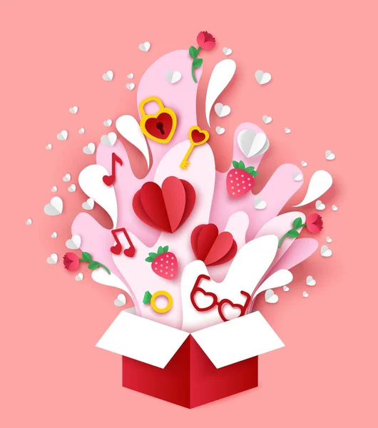 Valentin nap. Papír vágott nyitott ajándék doboz szívvel, eper, zenei jegyzetek, kulcs a szív zár, vektor illusztráció — Stock Vector