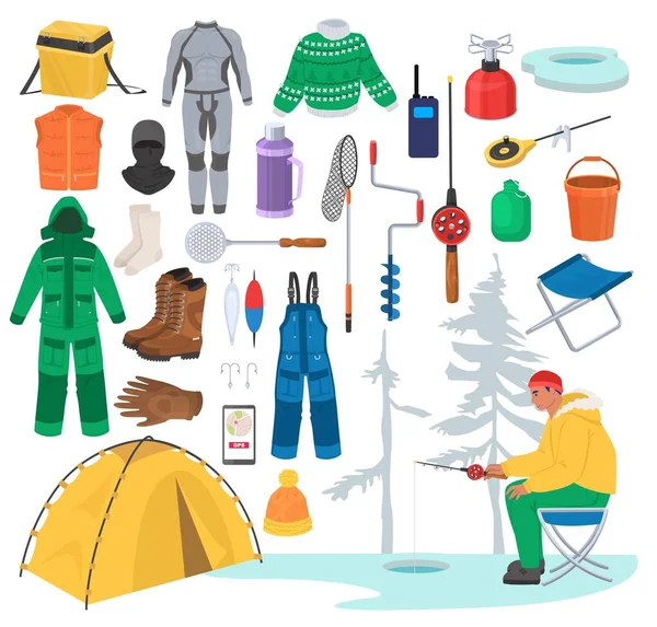 Buz balıkçılığı malzemeleri. Kış balıkçılığı için ekipman, düz vektör çizimi. Sıcak kıyafetler, balıkçı takımları ve aksesuarlar. — Stok Vektör