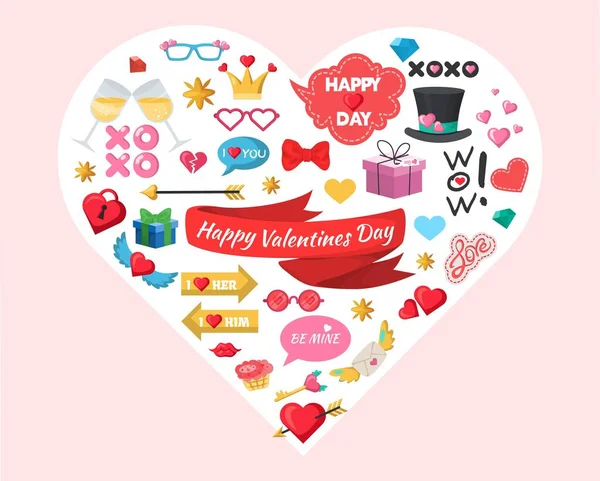 Feliz día de San Valentín decoración de la fiesta, accesorios de celebración, pegatinas, accesorios cabina de fotos, ilustración vectorial plana. — Vector de stock