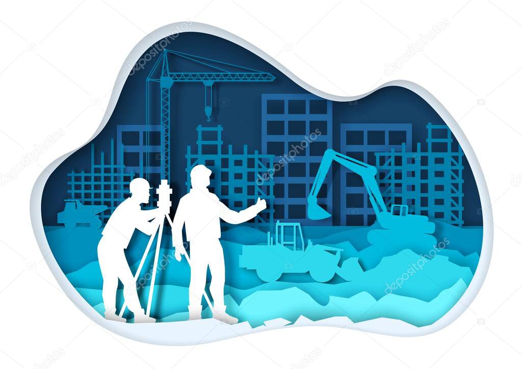 Paper cut construction heavy machinery and equipment, builders silhouettes. Vector illustration.