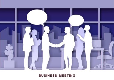 Office life scene, vector illustration in paper art style. Business people silhouettes meeting, talking, shaking hands.