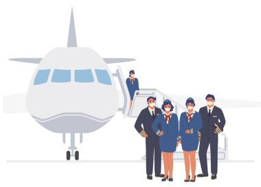 Airline cabin crew, pilot and stewardess in face masks standing in front of plane, flat vector illustration. New normal.