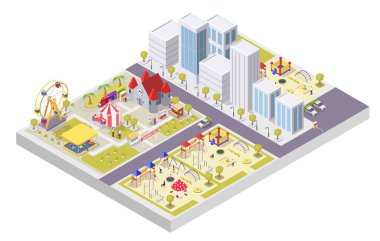 Lunapark ve çocuklar için oyun alanı düz vektör izometrik illüstrasyon.