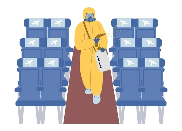 Cleaning and disinfection of aircraft cabin surfaces, flat vector illustration. New normal of air travel, safe flight. — 스톡 벡터