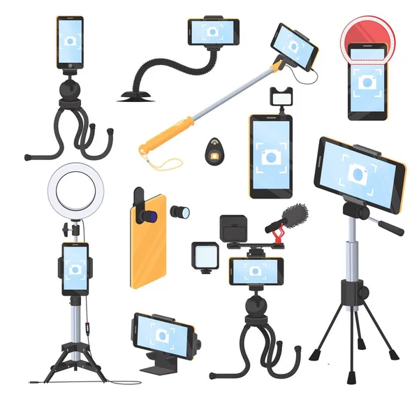 Mobile phone photo and video equipment, flat vector illustration. Smartphone lenses, selfie stick tripod, monopod. — Stock vektor