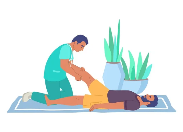 Rehabilitation center. Leg massage therapy, flat vector illustration. Physiotherapy treatment of injured people. — Vector de stock