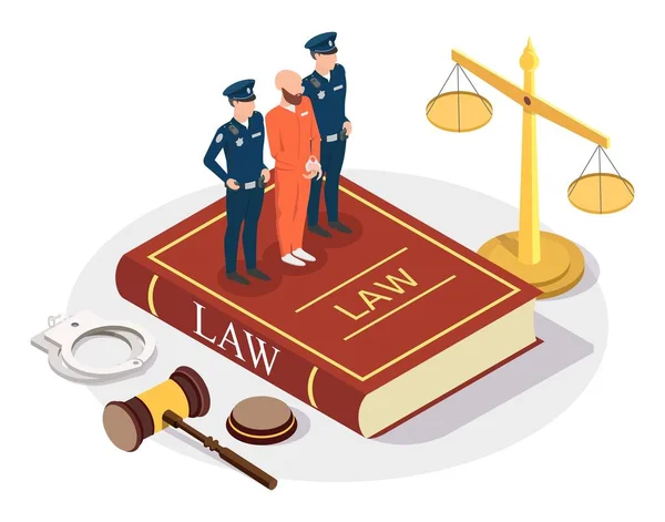 Isometric arrested offender with policeman characters standing on Law book, flat vector illustration. Law and justice. — стоковый вектор