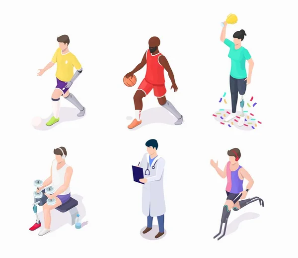 Disabled people, athletes with arm and leg prosthesis doing sport, flat vector isometric illustration. — Stock Vector