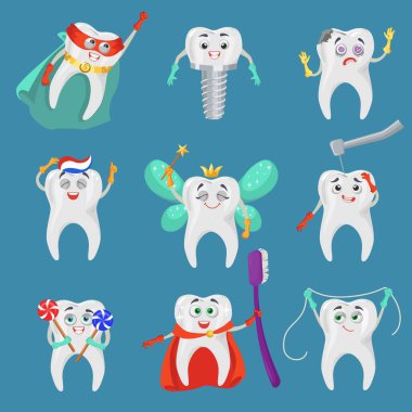 Funny tooth cartoon character set, flat vector isolated illustration. Happy and sad teeth with human faces. Dental emoji