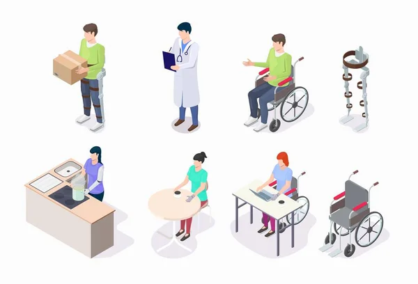 People with disabilities using wheelchair, wearing prosthetic leg, arm, flat vector isometric illustration. — Stockvector