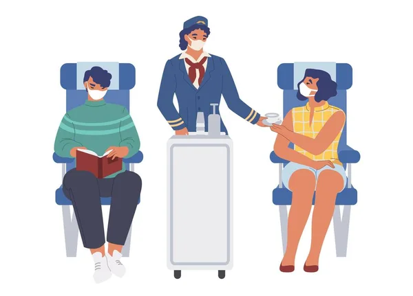 Stewardess and passengers wearing face masks on board the aircraft, flat vector illustration. New normal of air travel. — Wektor stockowy