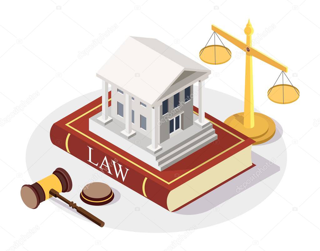 Isometric court building standing on the Law book, scales of justice, gavel, flat vector illustration. Arbitration court