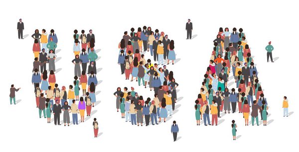 Флаг США, сделанный из множества людей, большой формы толпы. Группа людей остается в формировании карты США. Инфографика Соединенных Штатов Америки, векторная иллюстрация