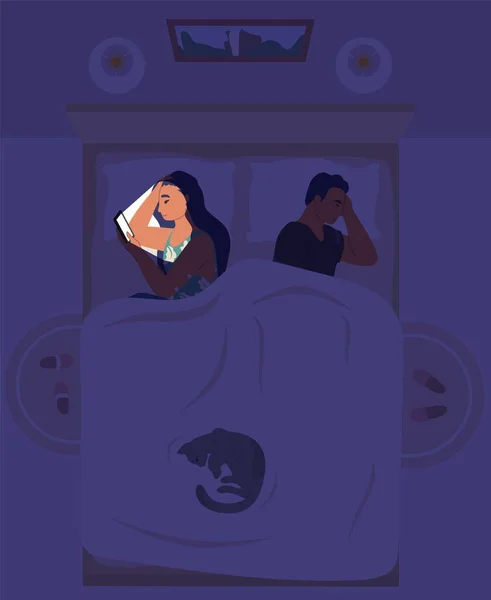 Sleepless woman using smartphone lying in bed and suffering from insomnia, flat vector illustration. — Stock Vector