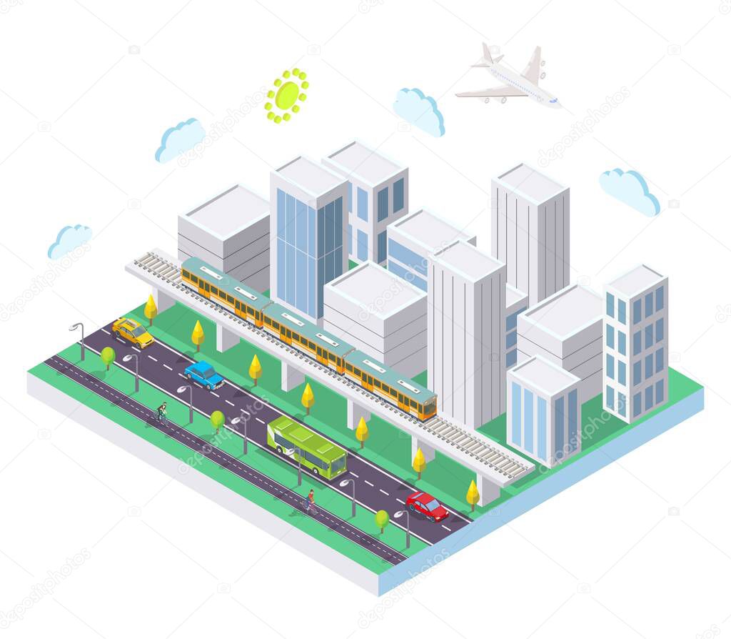 Isometric city with public transport, flat vector illustration. Taxi car, bus, rapid transit metro train.