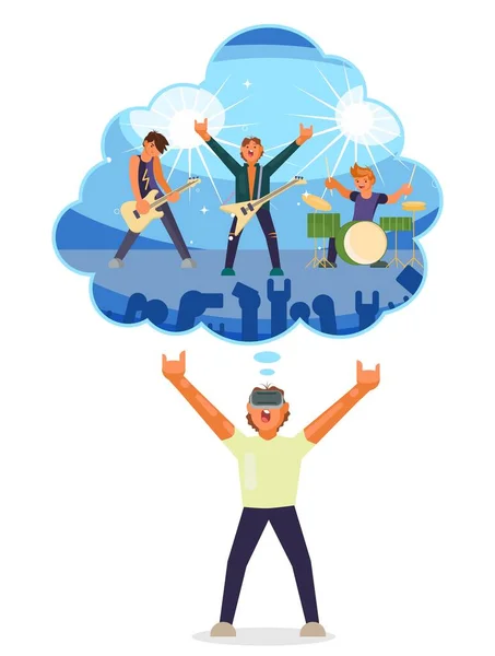 Boy játszik virtuális gitár vr szemüveg együtt rock zene zenekar, lapos vektor elszigetelt illusztráció. — Stock Vector