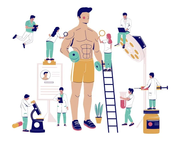 Спортивна медицина. Крихітні лікарі вивчають величезного спортсмена-пацієнта, культуриста в офісі, лікарні, плоскої Векторні ілюстрації . — стоковий вектор