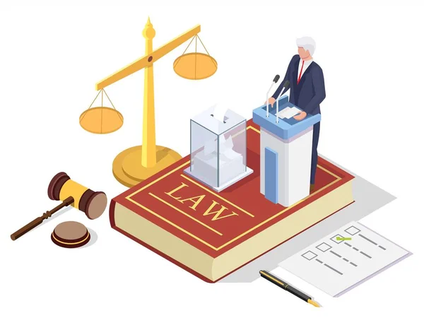 Isometric political candidate, ballot box on the Law book, scales of justice, gavel, flat vector illustration. Vote law. — Stock Vector