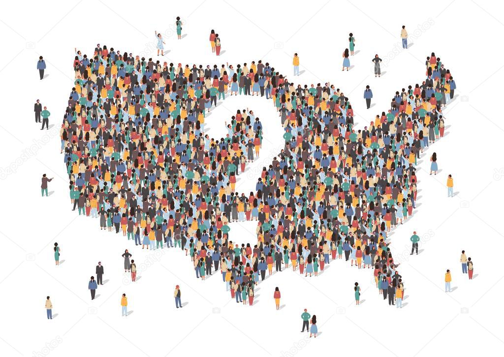 US country is at a crossroads concept vector illustration. USA map made of many people. Map of United States of America with question mark in the center. Group of people stay in formation